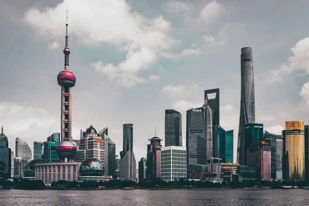 The Pudong skyline in Shanghai with the Oriental Pearl Tower, seen across the river