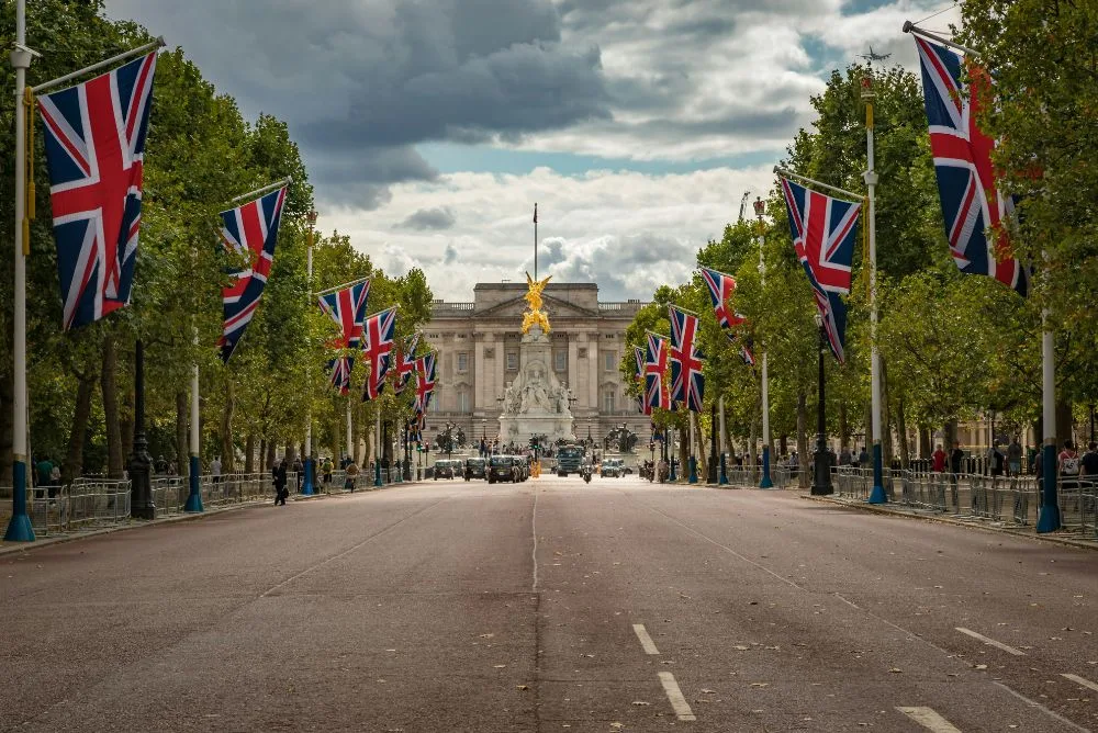 The Mall in London lined with Union flags, leading to Buckingham Palace